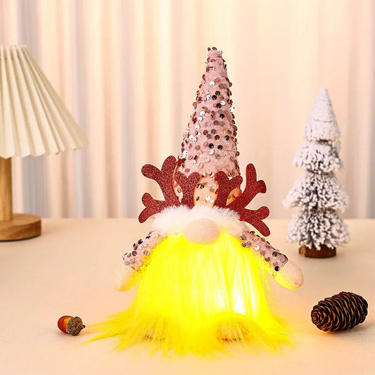 Light-Up Christmas Gnome Plush Doll with Sequin Hat & Antlers - Festive LED Tabletop Decoration(pink) - Mekamart Australia