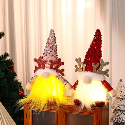 Light-Up Christmas Gnome Plush Doll with Sequin Hat & Antlers - Festive LED Tabletop Decoration(gold) - Mekamart Australia