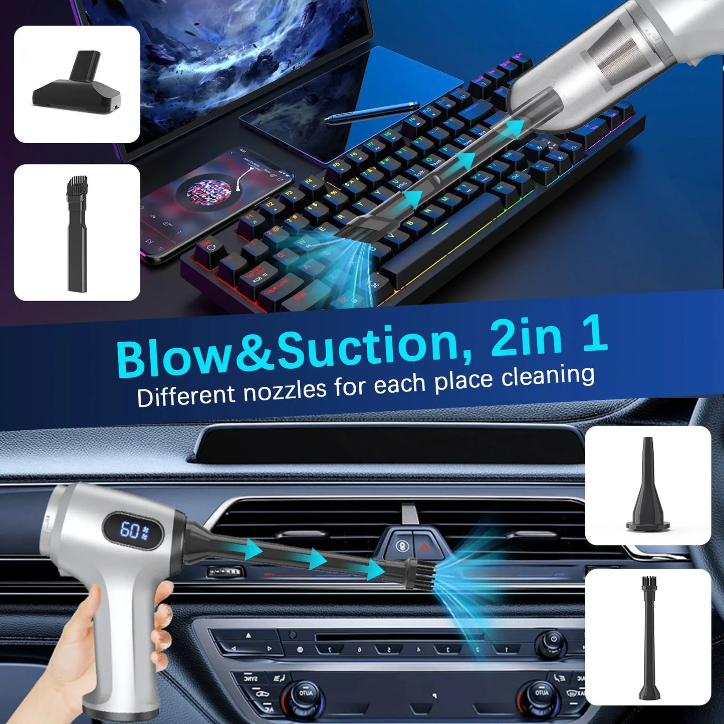 2-in-1 Cordless Handheld Vacuum & Air Duster - 12000Pa Suction, 70000 RPM, LED Light, USB-C Rechargeable(Silver) - Mekamart Australia