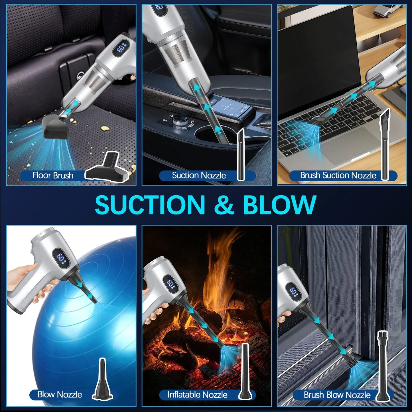 2-in-1 Cordless Handheld Vacuum & Air Duster - 12000Pa Suction, 70000 RPM, LED Light, USB-C Rechargeable(Silver) - Mekamart Australia