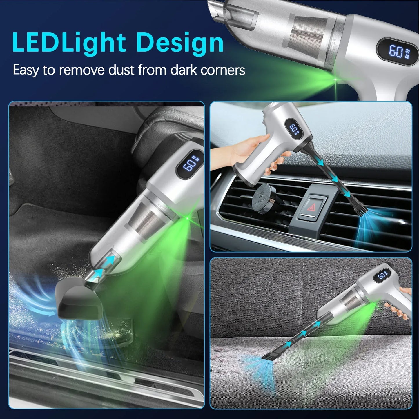 2-in-1 Cordless Handheld Vacuum & Air Duster - 12000Pa Suction, 70000 RPM, LED Light, USB-C Rechargeable(Silver) - Mekamart Australia