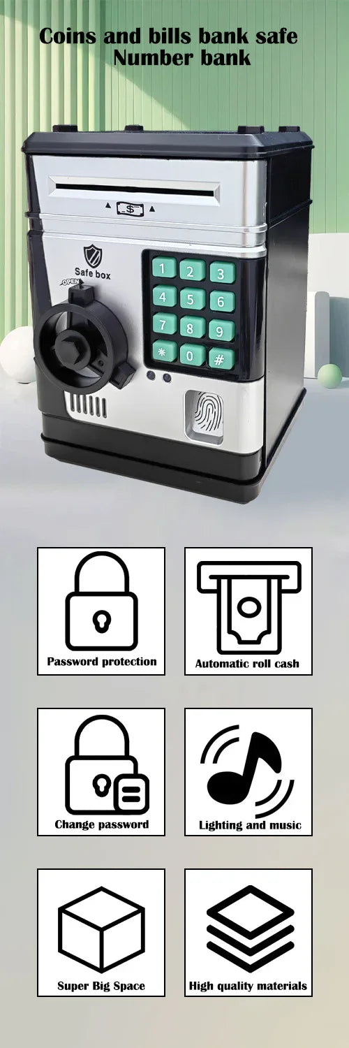 Electronic Piggy Bank Safe Box for Kids - Automatic Bill & Coin Bank with Password Protection, Music & Lights(black) - Mekamart Australia