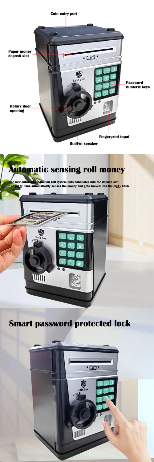 Electronic Piggy Bank Safe Box for Kids - Automatic Bill & Coin Bank with Password Protection, Music & Lights(black) - Mekamart Australia