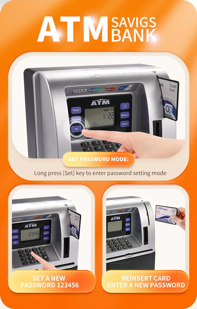 Kids Electronic ATM Savings Bank - Digital Piggy Bank with Password, Auto Roll-in Banknotes & Coin Slot for Financial Learning Fun(black) - Mekamart Australia