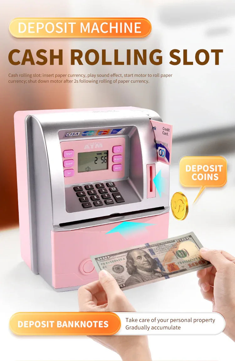 Kids Electronic ATM Savings Bank - Digital Piggy Bank with Password, Auto Roll-in Banknotes & Coin Slot for Financial Learning Fun(black) - Mekamart Australia