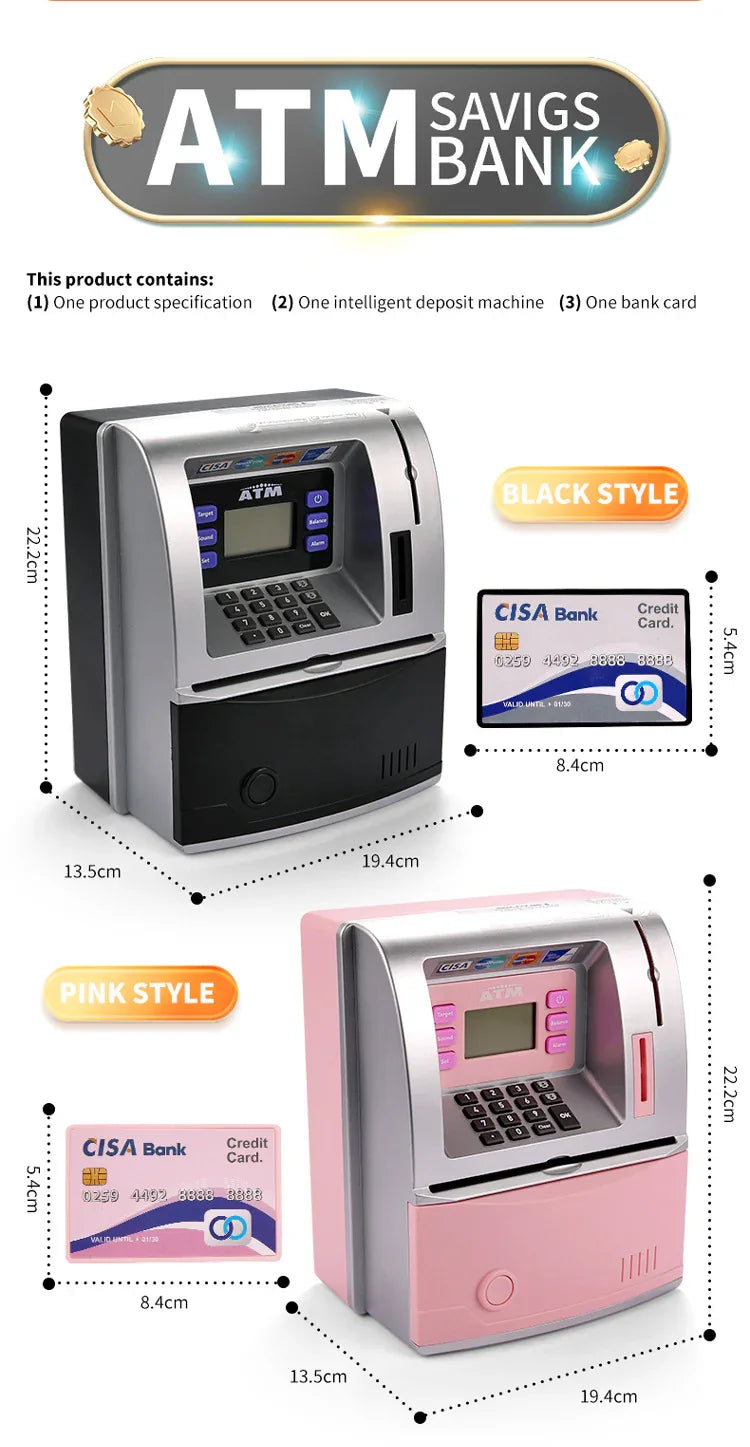 Kids Electronic ATM Savings Bank - Digital Piggy Bank with Password, Auto Roll-in Banknotes & Coin Slot for Financial Learning Fun(black) - Mekamart Australia