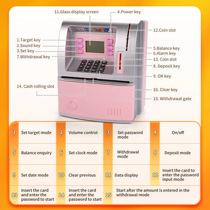 Kids Electronic ATM Savings Bank - Digital Piggy Bank with Password, Auto Roll-in Banknotes & Coin Slot for Financial Learning Fun(pink) - Mekamart Australia