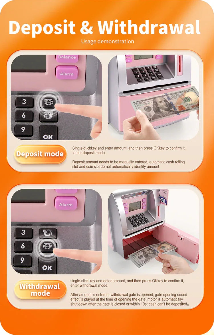 Kids Electronic ATM Savings Bank - Digital Piggy Bank with Password, Auto Roll-in Banknotes & Coin Slot for Financial Learning Fun(pink) - Mekamart Australia