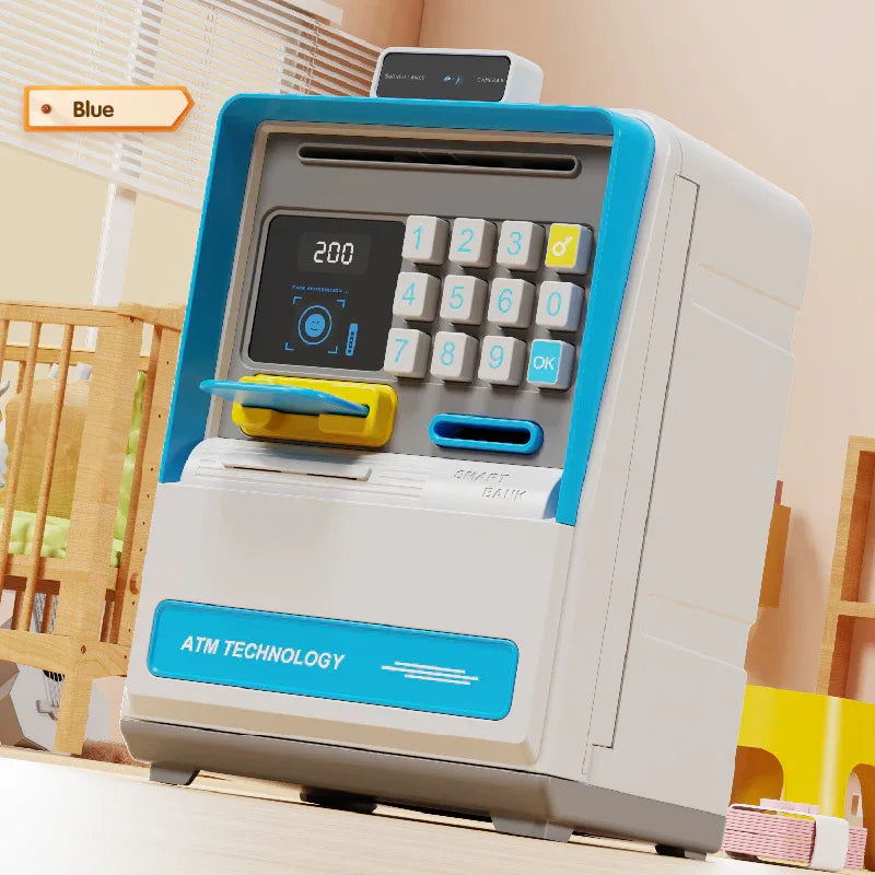 Kids Electronic ATM Piggy Bank with Simulated Facial Recognition & Password - Auto Roll-in Banknote & Coin Money Box for Financial Learning(blue) - Mekamart Australia