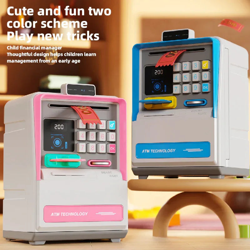 Kids Electronic ATM Piggy Bank with Simulated Facial Recognition & Password - Auto Roll-in Banknote & Coin Money Box for Financial Learning(blue) - Mekamart Australia