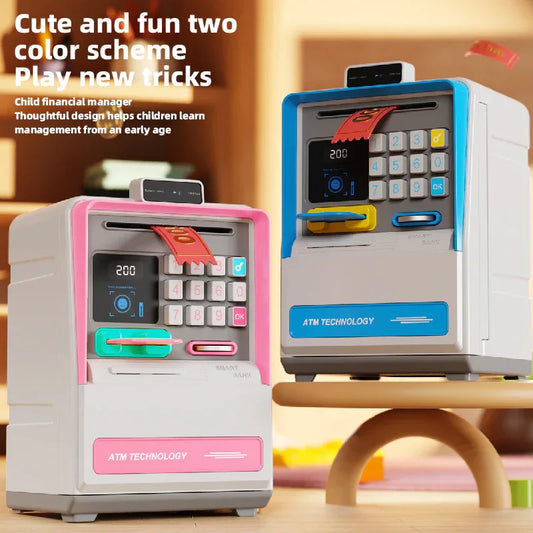 Kids Electronic ATM Piggy Bank with Simulated Facial Recognition & Password - Auto Roll-in Banknote & Coin Money Box for Financial Learning(blue) - Mekamart Australia