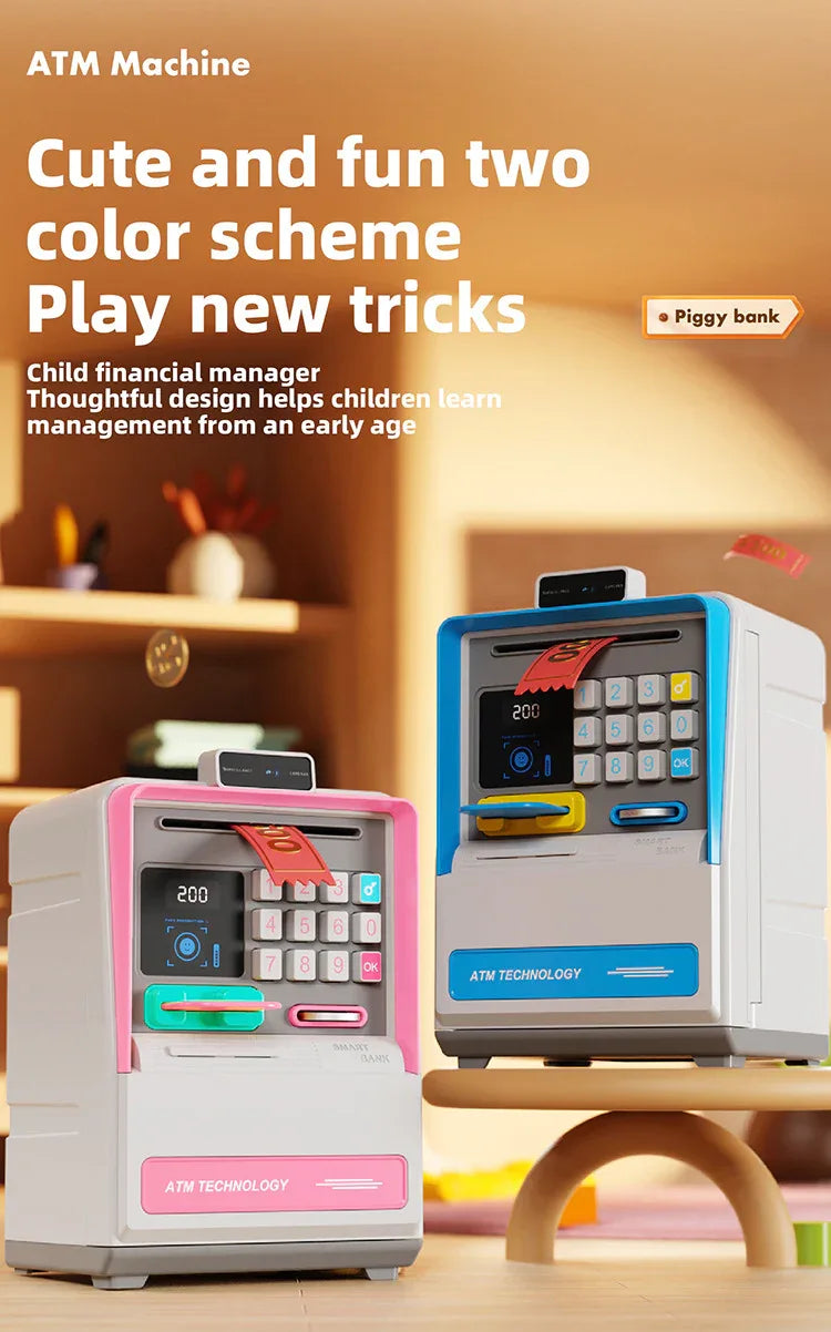 Kids Electronic ATM Piggy Bank with Simulated Facial Recognition & Password - Auto Roll-in Banknote & Coin Money Box for Financial Learning(blue) - Mekamart Australia