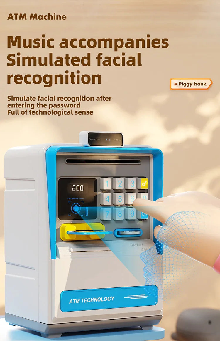 Kids Electronic ATM Piggy Bank with Simulated Facial Recognition & Password - Auto Roll-in Banknote & Coin Money Box for Financial Learning(blue) - Mekamart Australia