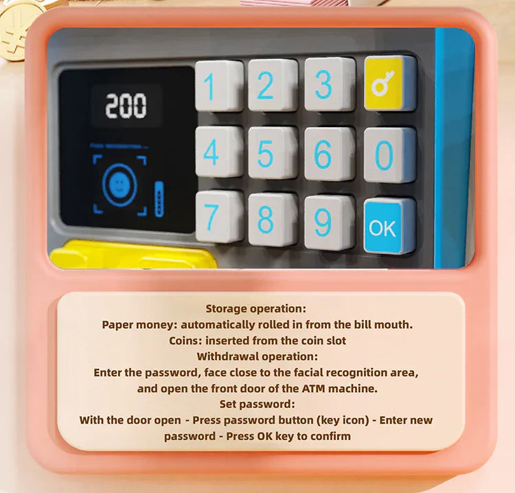 Kids Electronic ATM Piggy Bank with Simulated Facial Recognition & Password - Auto Roll-in Banknote & Coin Money Box for Financial Learning(blue) - Mekamart Australia