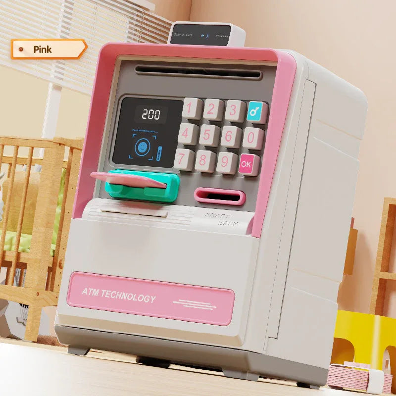 Kids Electronic ATM Piggy Bank with Simulated Facial Recognition & Password - Auto Roll-in Banknote & Coin Money Box for Financial Learning(pink) - Mekamart Australia