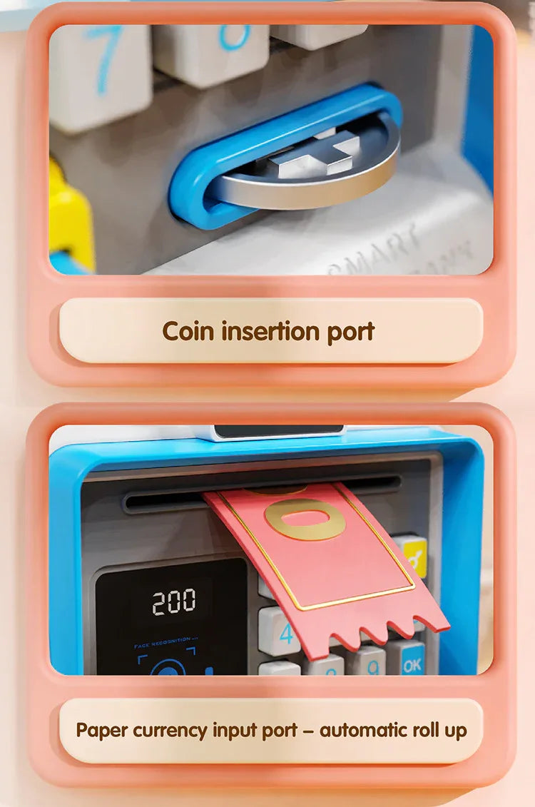 Kids Electronic ATM Piggy Bank with Simulated Facial Recognition & Password - Auto Roll-in Banknote & Coin Money Box for Financial Learning(pink) - Mekamart Australia