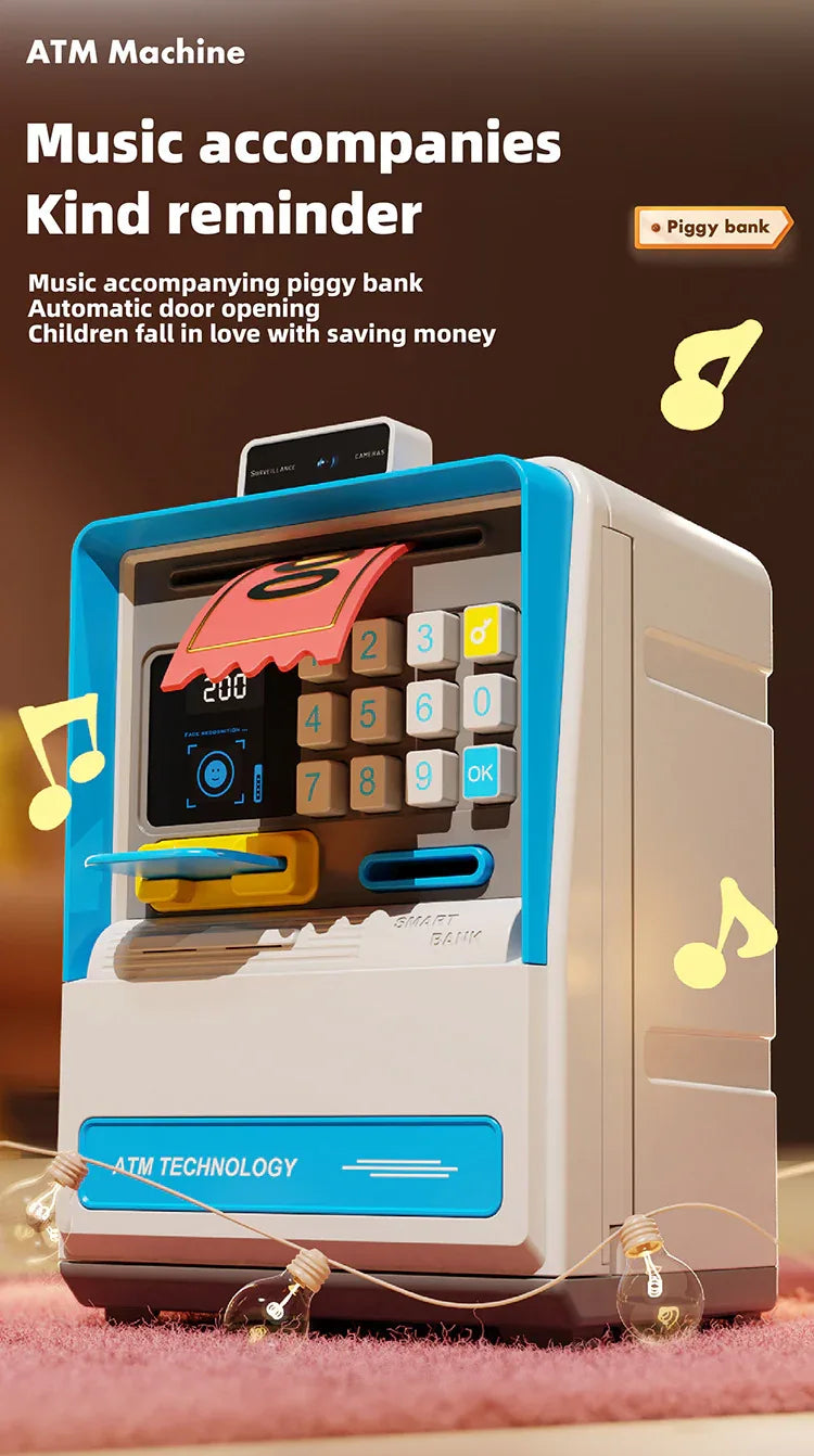 Kids Electronic ATM Piggy Bank with Simulated Facial Recognition & Password - Auto Roll-in Banknote & Coin Money Box for Financial Learning(pink) - Mekamart Australia
