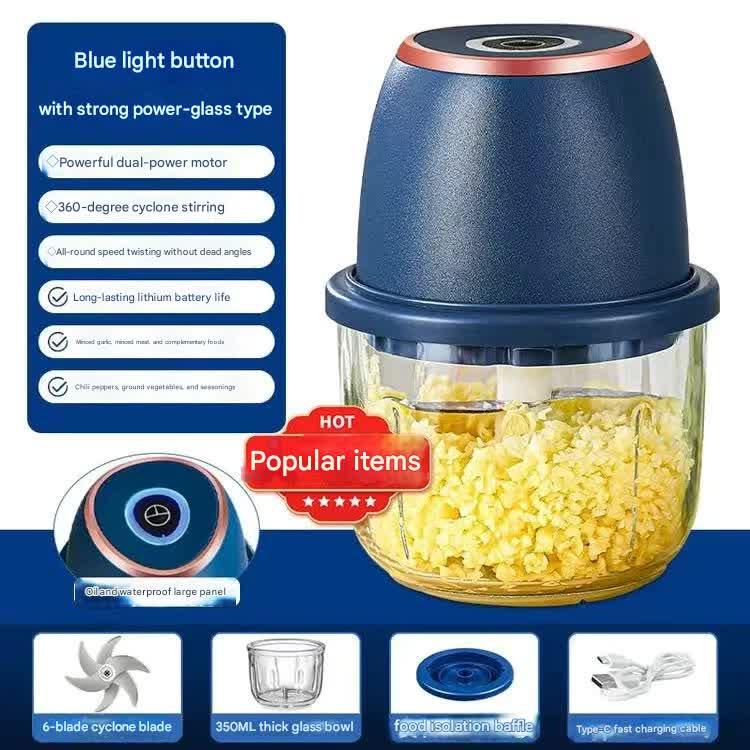Electric Mini Garlic Chopper with Glass Bowl - USB Rechargeable, 6 Blades, Large Capacity(blue) - Mekamart Australia