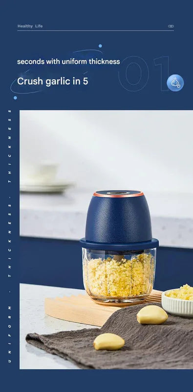 Electric Mini Garlic Chopper with Glass Bowl - USB Rechargeable, 6 Blades, Large Capacity(blue) - Mekamart Australia