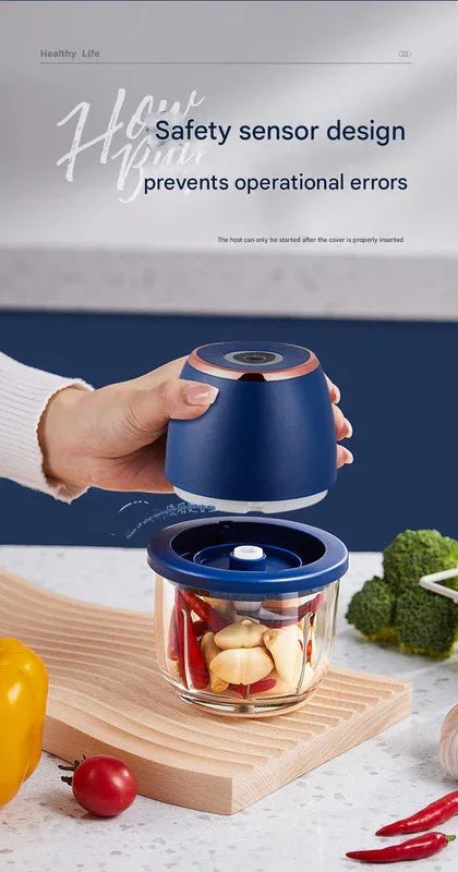 Electric Mini Garlic Chopper with Glass Bowl - USB Rechargeable, 6 Blades, Large Capacity(blue) - Mekamart Australia