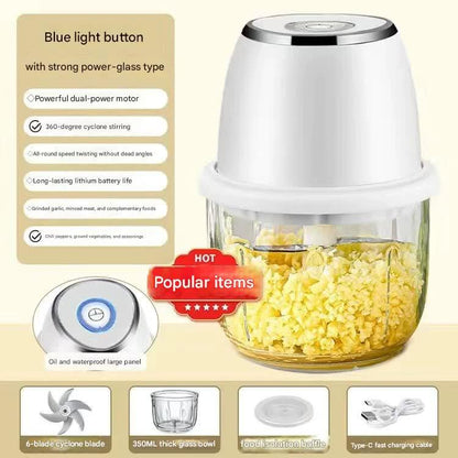 Electric Mini Garlic Chopper with Glass Bowl - USB Rechargeable, 6 Blades, Large Capacity(white) - Mekamart Australia