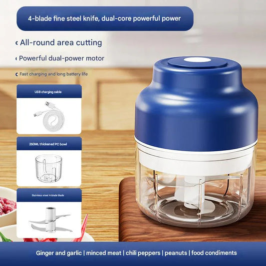 Powerful Mini Electric Food Chopper - USB Rechargeable Cordless Garlic & Meat Mincer(Blue 250ml + 4-blade knife) - Mekamart Australia