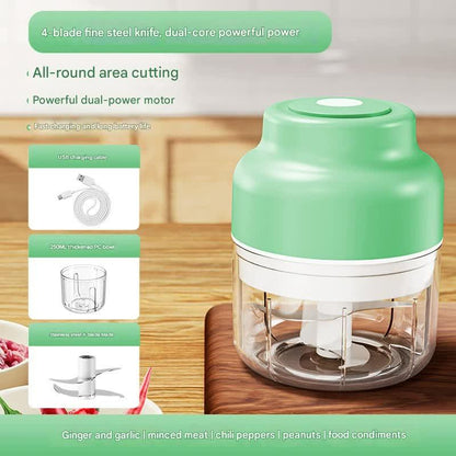 Powerful Mini Electric Food Chopper - USB Rechargeable Cordless Garlic & Meat Mincer(green 250ml + 4-blade knife) - Mekamart Australia
