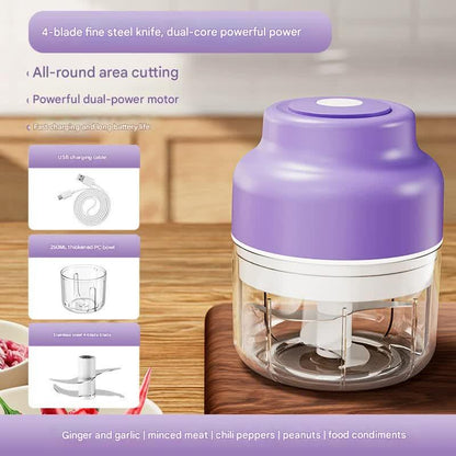 Powerful Mini Electric Food Chopper - USB Rechargeable Cordless Garlic & Meat Mincer(purple 250ml + 4-blade knife) - Mekamart Australia