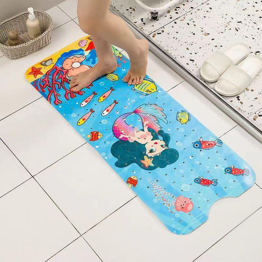Non-Slip PVC Bath & Shower Mat with Suction Cups and Drainage Holes - Cartoon Ocean Theme(Dark-haired Mermaid) - Mekamart Australia