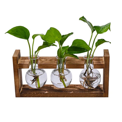 Brown Desktop Plant Propagation Station - Rustic Wooden Stand with 3 Glass Bulb Vases for Hydroponics & Cuttings - Mekamart Australia