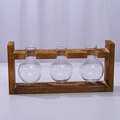 Brown Desktop Plant Propagation Station - Rustic Wooden Stand with 3 Glass Bulb Vases for Hydroponics & Cuttings - Mekamart Australia
