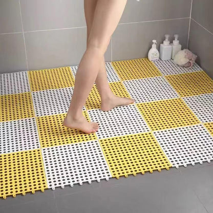 White And Yellow DIY Interlocking Non-Slip Floor Tiles - 18-Pack PVC Drainage Mat for Shower & Bathroom Safety - Mekamart Australia
