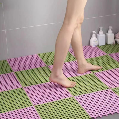 Green And Pink DIY Interlocking Non-Slip Floor Tiles - 18-Pack PVC Drainage Mat for Shower & Bathroom Safety - Mekamart Australia