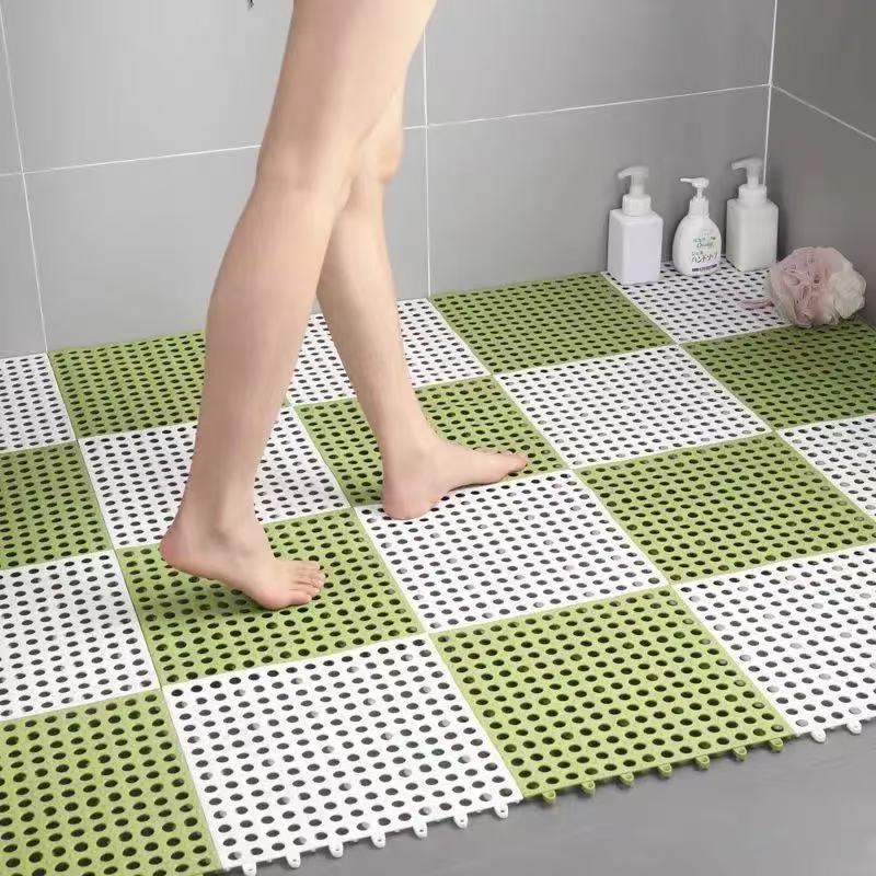 White And Green DIY Interlocking Non-Slip Floor Tiles - 12-Pack PVC Drainage Mat for Shower & Bathroom Safety - Mekamart Australia