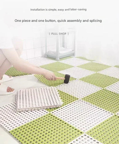 White And Green DIY Interlocking Non-Slip Floor Tiles - 12-Pack PVC Drainage Mat for Shower & Bathroom Safety - Mekamart Australia