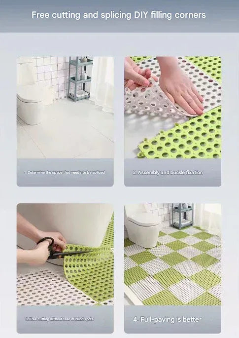 White And Green DIY Interlocking Non-Slip Floor Tiles - 12-Pack PVC Drainage Mat for Shower & Bathroom Safety - Mekamart Australia