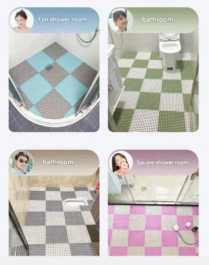 White And Green DIY Interlocking Non-Slip Floor Tiles - 12-Pack PVC Drainage Mat for Shower & Bathroom Safety - Mekamart Australia