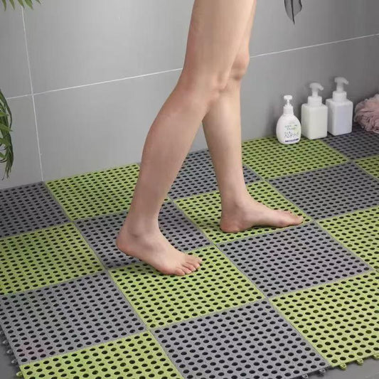 Grey And Green DIY Interlocking Non-Slip Floor Tiles - 12-Pack PVC Drainage Mat for Shower & Bathroom Safety - Mekamart Australia