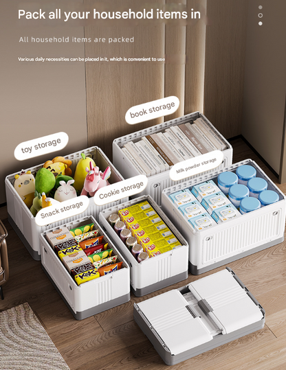 Size L Brown Collapsible Storage Box with Wheels and Telescopic Handle - Stackable Folding Crate for Car & Home