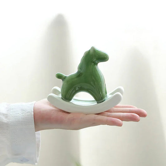 Green Modern Ceramic Rocking Horse Ornament - Cute Porcelain Figurine for Desk & Shelf Decor - Mekamart Australia