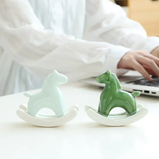 Green Modern Ceramic Rocking Horse Ornament - Cute Porcelain Figurine for Desk & Shelf Decor - Mekamart Australia