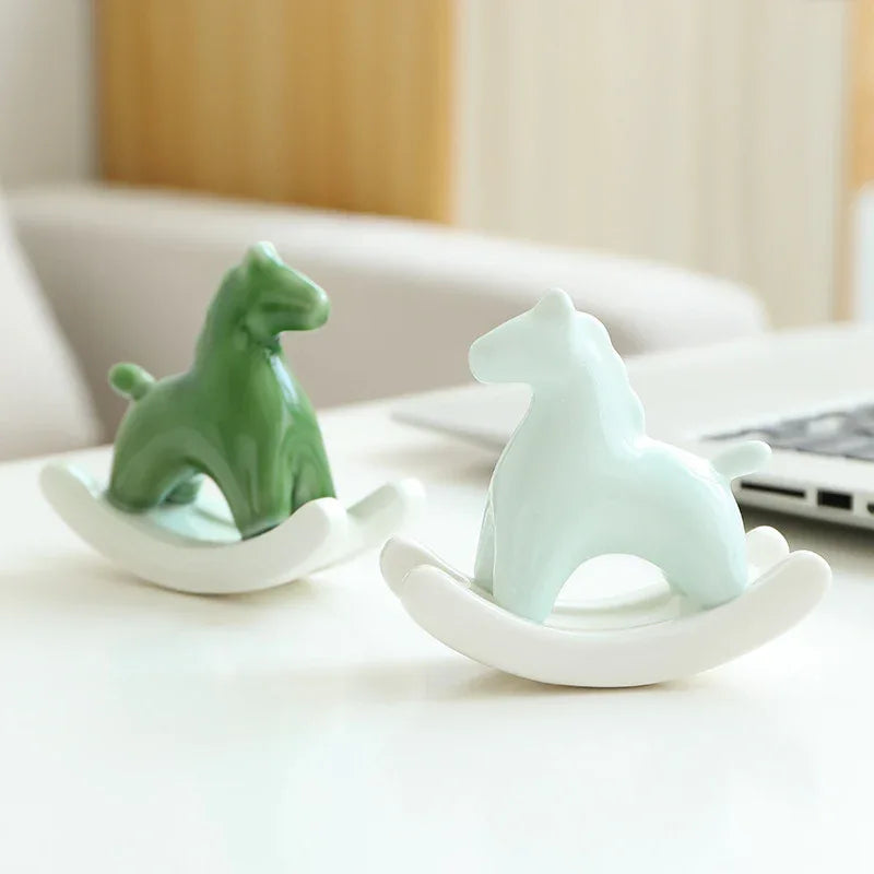 Pink Modern Ceramic Rocking Horse Ornament - Cute Porcelain Figurine for Desk & Shelf Decor - Mekamart Australia