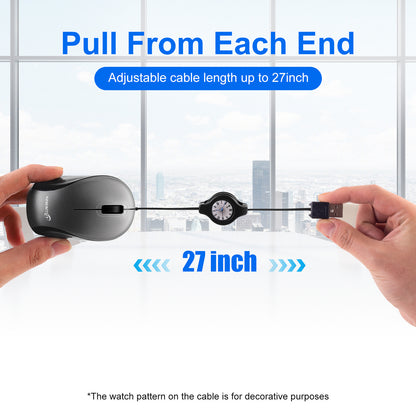 Grey and Black Portable Mini USB Mouse with Retractable Cable - Compact Travel Mouse for PC and Laptop