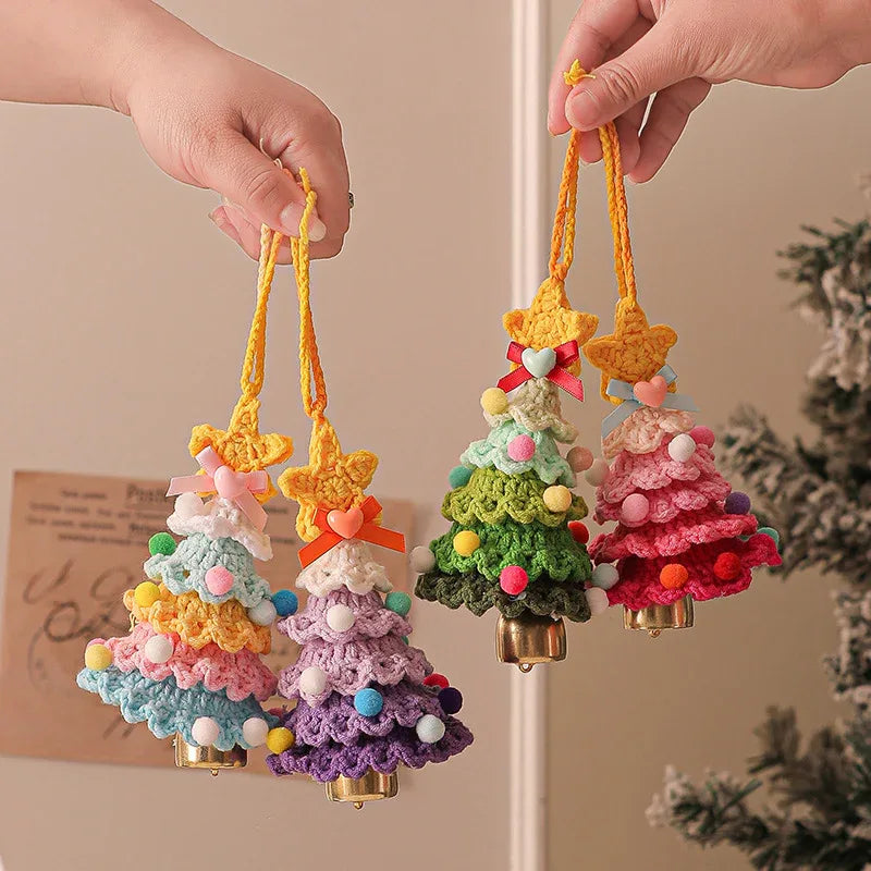 2 Pcs Style B Yellow and Purple Handmade Crochet Christmas Tree Ornament - Festive Hanging Decoration with Jingle Bell - Mekamart Australia