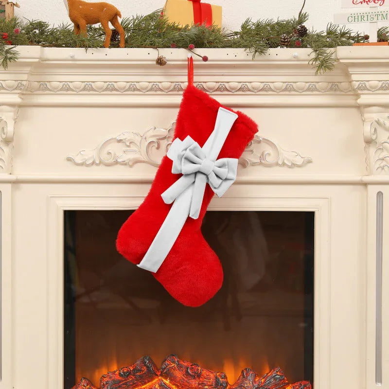 2 Pcs Red Stitching White Bow Luxurious Velvet Christmas Stocking with Elegant Bow - Large 45cm Holiday Mantel Decoration - Mekamart Australia