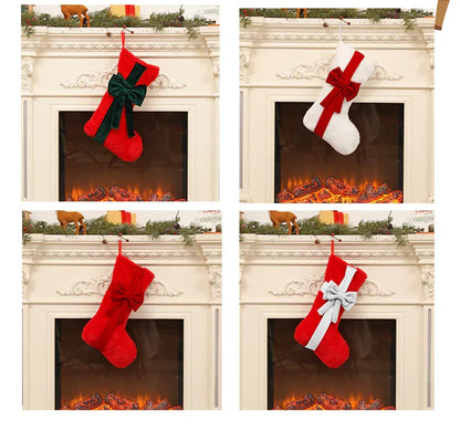 2 Pcs Red Stitching White Bow Luxurious Velvet Christmas Stocking with Elegant Bow - Large 45cm Holiday Mantel Decoration - Mekamart Australia