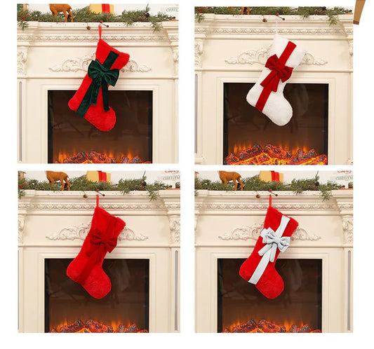 2 Pcs Red Stitching White Bow Luxurious Velvet Christmas Stocking with Elegant Bow - Large 45cm Holiday Mantel Decoration - Mekamart Australia