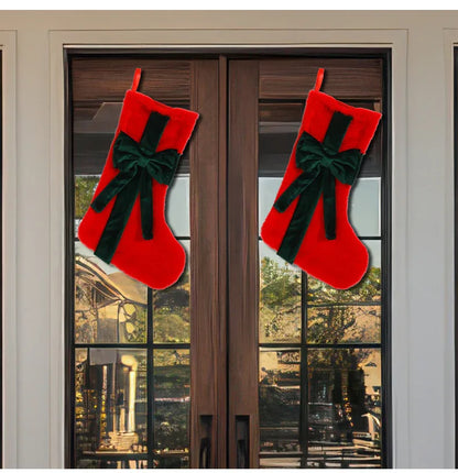 2 Pcs Red Stitching White Bow Luxurious Velvet Christmas Stocking with Elegant Bow - Large 45cm Holiday Mantel Decoration - Mekamart Australia