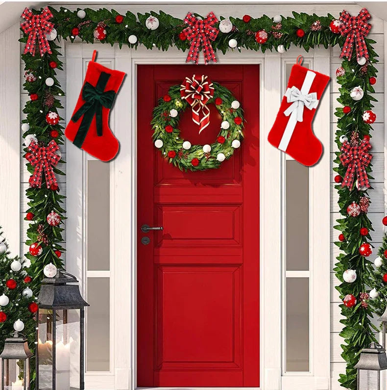 2 Pcs Red Stitching White Bow Luxurious Velvet Christmas Stocking with Elegant Bow - Large 45cm Holiday Mantel Decoration - Mekamart Australia