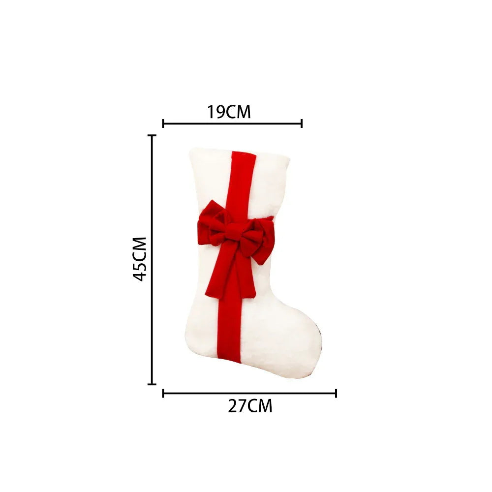 2 Pcs Red Stitching White Bow Luxurious Velvet Christmas Stocking with Elegant Bow - Large 45cm Holiday Mantel Decoration - Mekamart Australia
